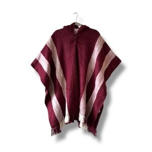 Gamboa ALPACA Poncho OSFA 100% Wool Hooded Rancho Blanket BOLIVIA Warm Cloak Red